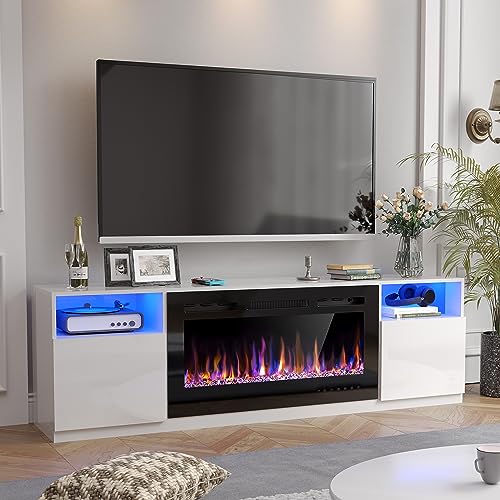 70" Fireplace TV Stand for TVs Up to 80" with 36" Electric Fireplace, TV Console for The Living Room, LED Light Entertainment Center, Storage Cabinet, Media Console Table, Black