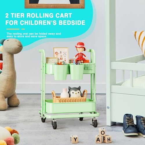 2 Tier Rolling Metal Utility Cart with Wheels, Foldable Storage Trolley, Pastel Green S335767