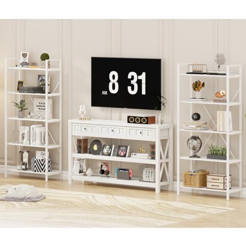 FATORRI Industrial Console Table with Shelf and 3 Drawers, Walnut Brown B286