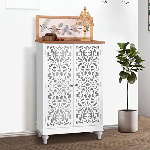 MFSTUDIO Small Accent Storage Cabinet with 1 Door, Farmhouse Floral Distressed Wood, White D689352