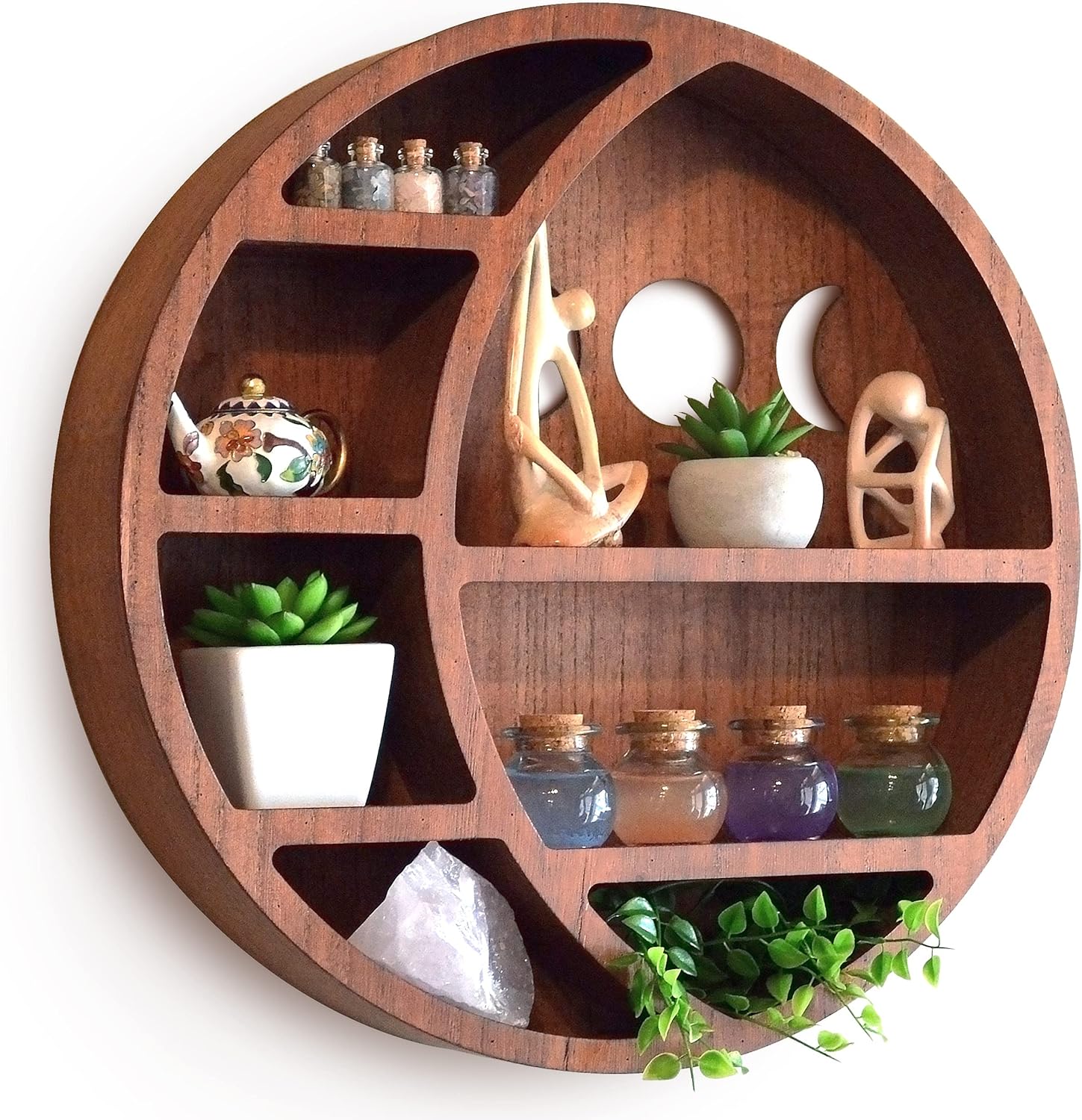 Crescent Moon Shelf for Crystals | Moon Phase Shelf | Wooden Moon Shelf | Wall Decoration for Stone Crystals and Essential Oils | Moon Phases Wall Art, Brown, 17 inch x 17 inch x 3.4 inch
