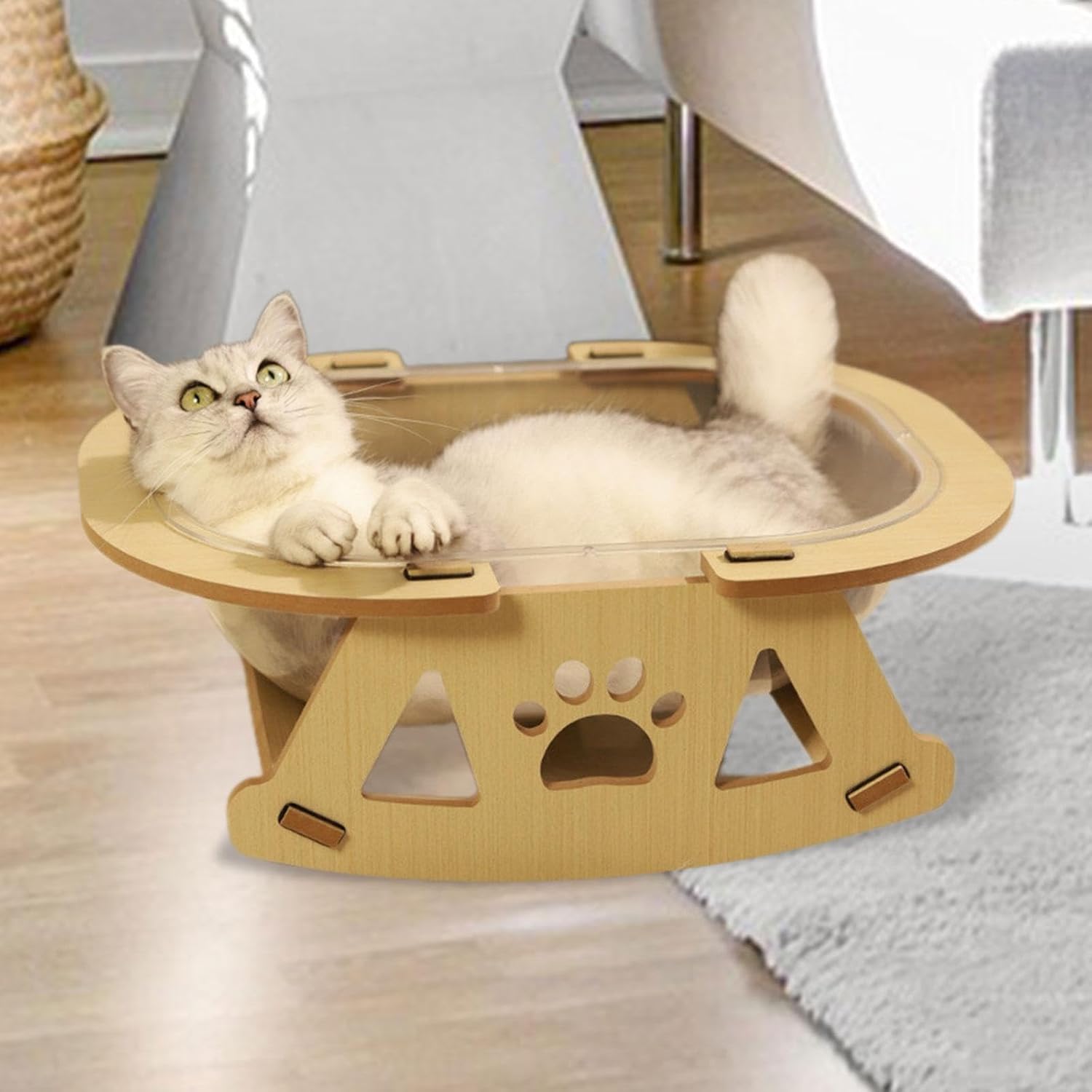 Space Capsule Cat Bed Condo Solid Wood Stand, Beige T33392