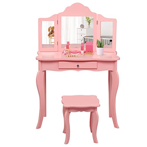 HONEY JOY Kids Vanity Set with Mirror and Stool, White L306