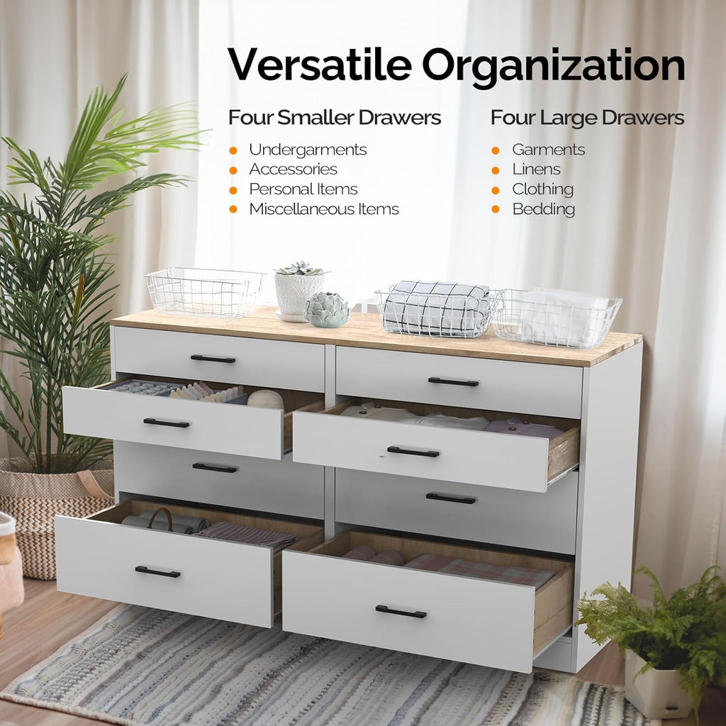 VINGLI 8 Drawer Dresser for Bedroom, White with Brown Top I1298