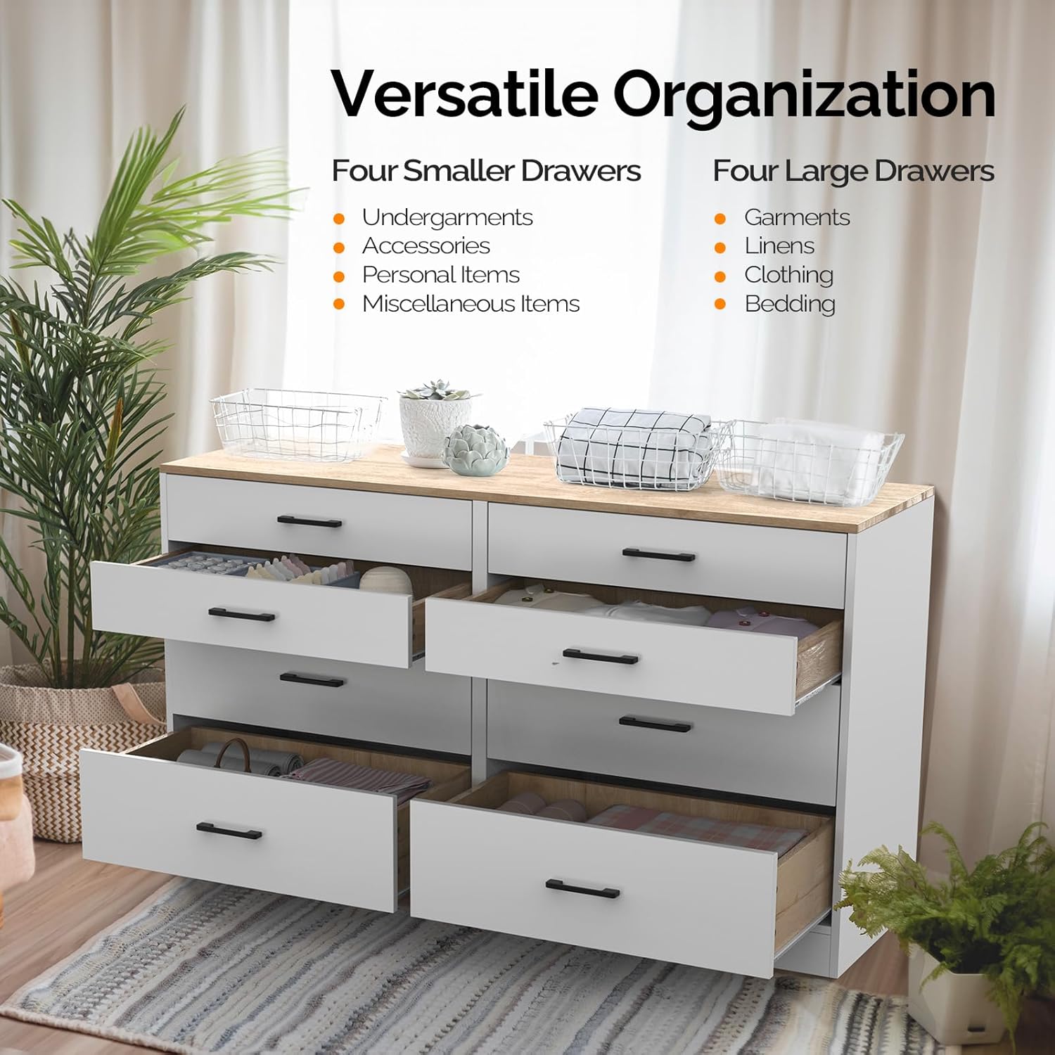 VINGLI 8 Drawer Dresser for Bedroom, White with Brown Top I1298