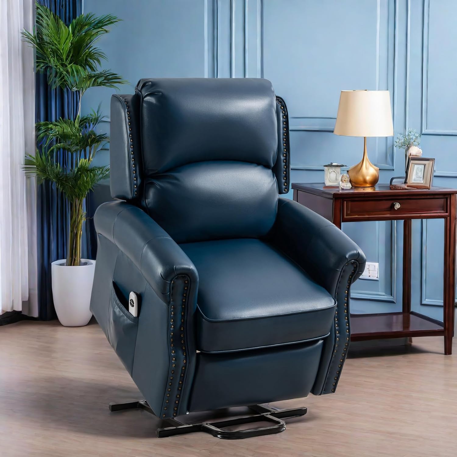 Navy Blue Electric Power Lift Recliner Chair with Faux Leather and Side Pocket J4451