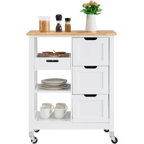 VEVOR Kitchen Island Cart, 26 inch Wood Top Rolling Cart with 3 Drawers D83256