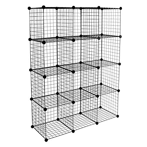 Wire Storage Cubes, 12-Cube Metal Grid Organizer | Modular Wire Shelving Units, Stackable Bookcase, DIY Closet Cabinet Organizer for Home, Office, Kids Room | 14" W x 14" H, Black
