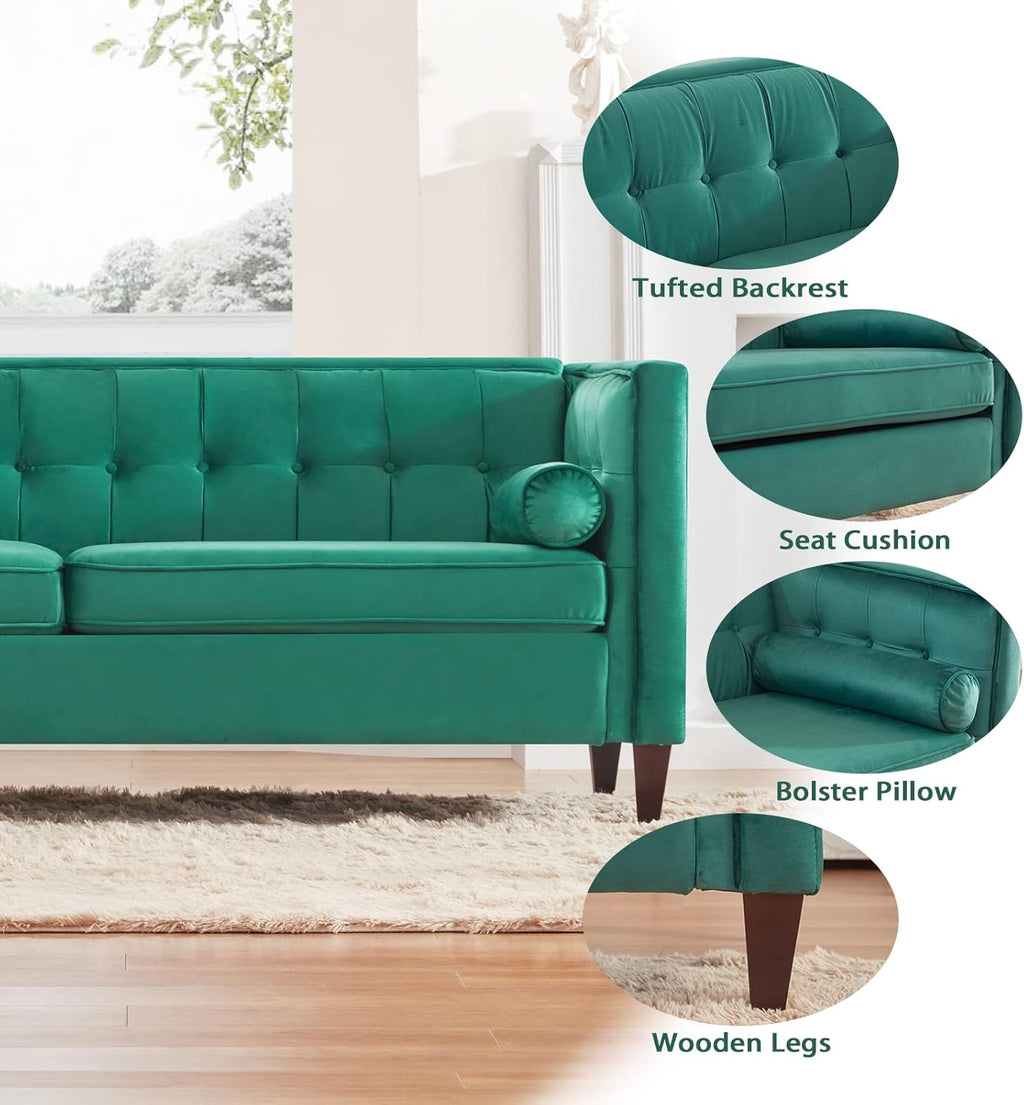 Mid-Century Velvet Sofa with Bolster Pillows, Green P274
