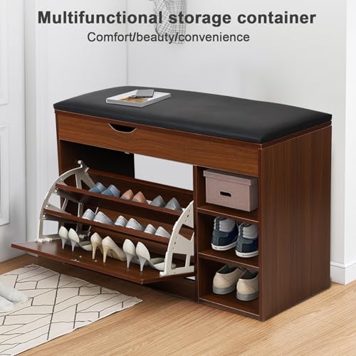 Shoe Storage Cabinet with Flip Drawers, 3 Tiers Wooden Hallway Bench V8352