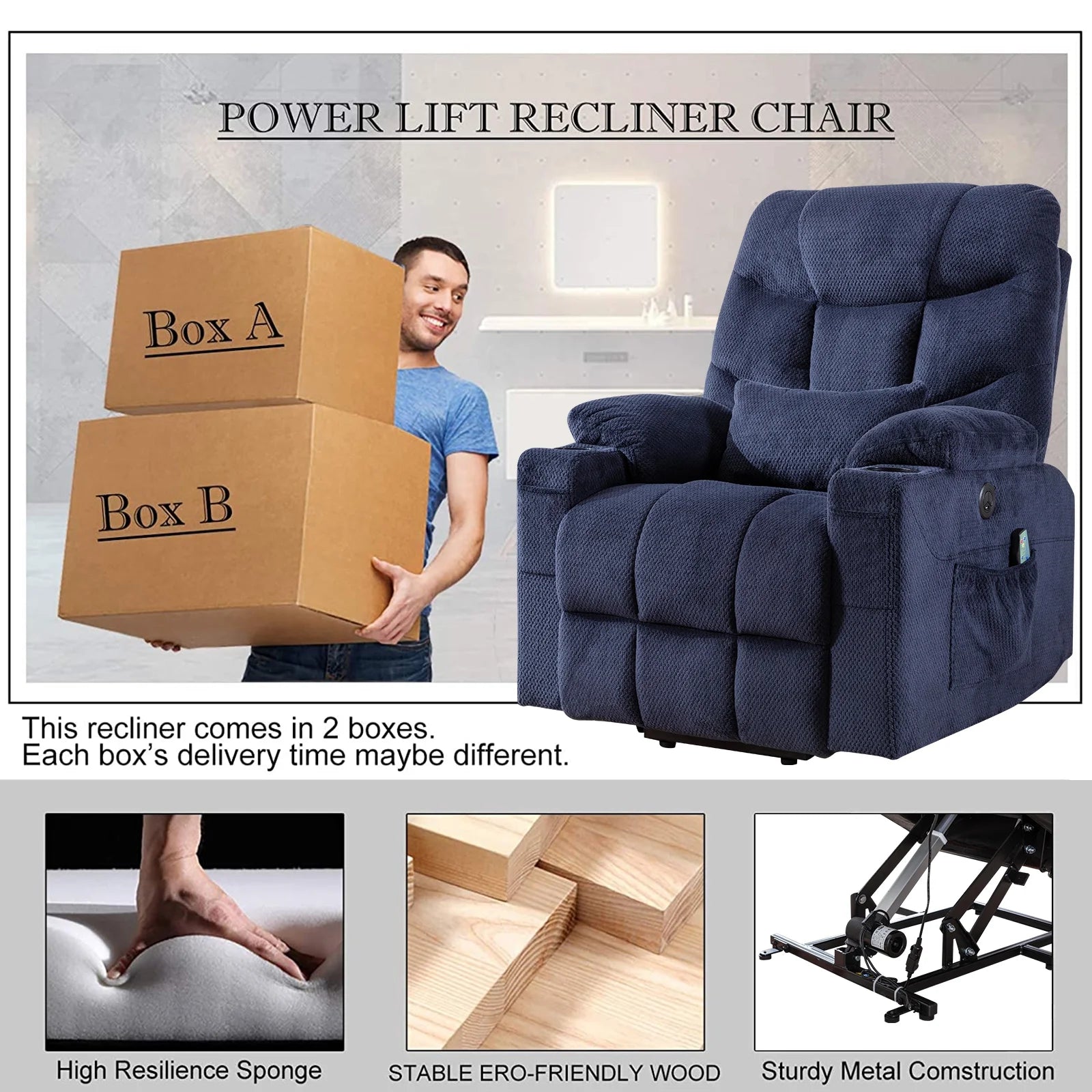 Power Lift Recliner Chair with Vibration Massage & Heat, Blue P788