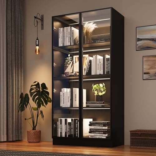 Display Cabinet with Glass Doors & Lights, 3-Tier, 2 Drawers, Black M7708