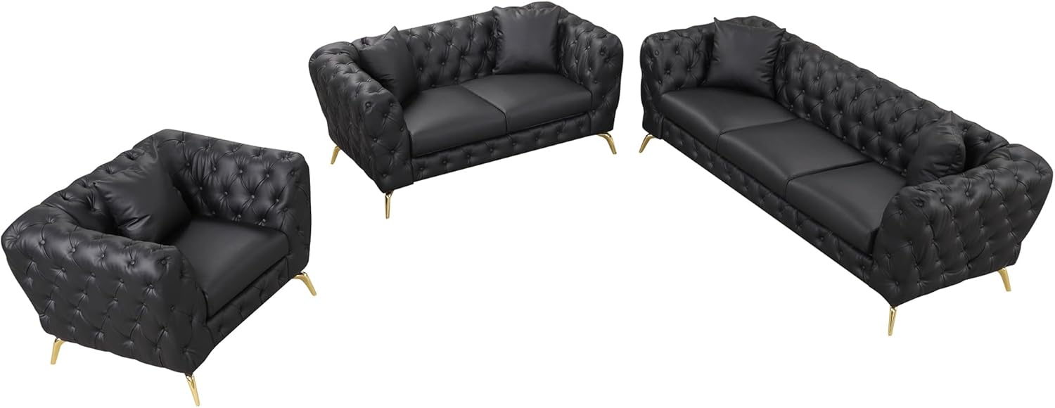 Merax Modern 3-Piece PU Upholstered Sofa Set with Metal Legs, Black D1239