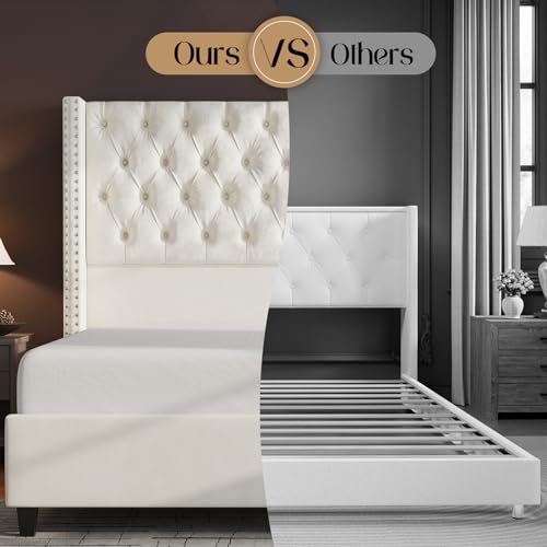 Jocisland King Upholstered Bed Frame with Tall Headboard Wingback Platform Bed, Light Grey R98398
