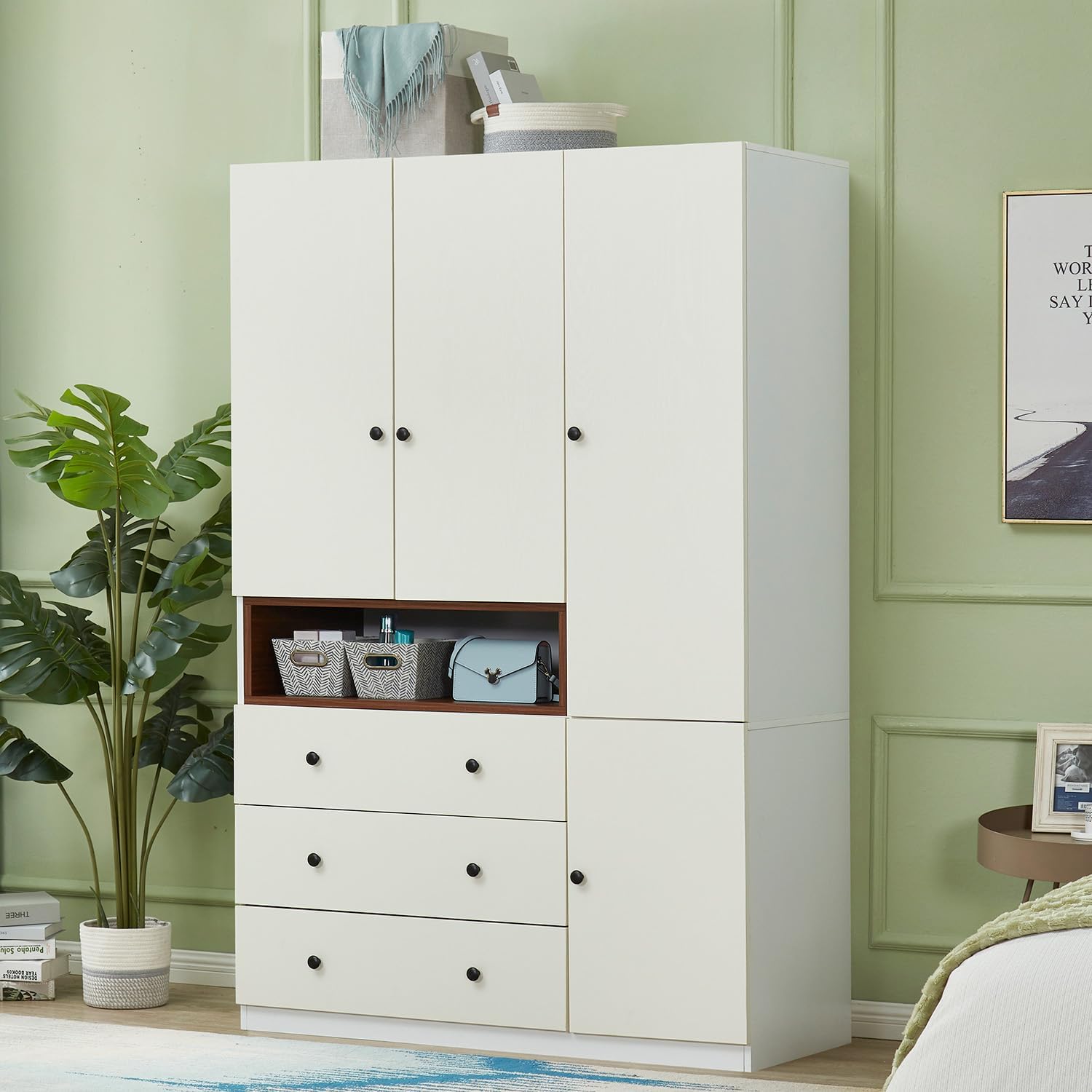 Wooden White 3-Door Armoire Wardrobe Closet with Hanging Rod Bedroom Armoires Wardrobe Closet Large Capacity Wardrobe Cabinet 47.3" W x 20.3" D x 74.2" H