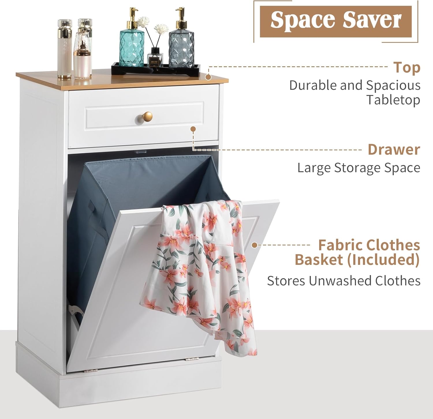 Karl home Tilt Out Laundry Hamper Cabinet with Drawer, White F817