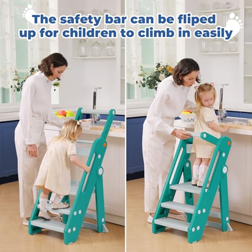 Onasti Toddler Tower Kitchen Stool Helper - Foldable, Adjustable Height, Blue Grey E26106