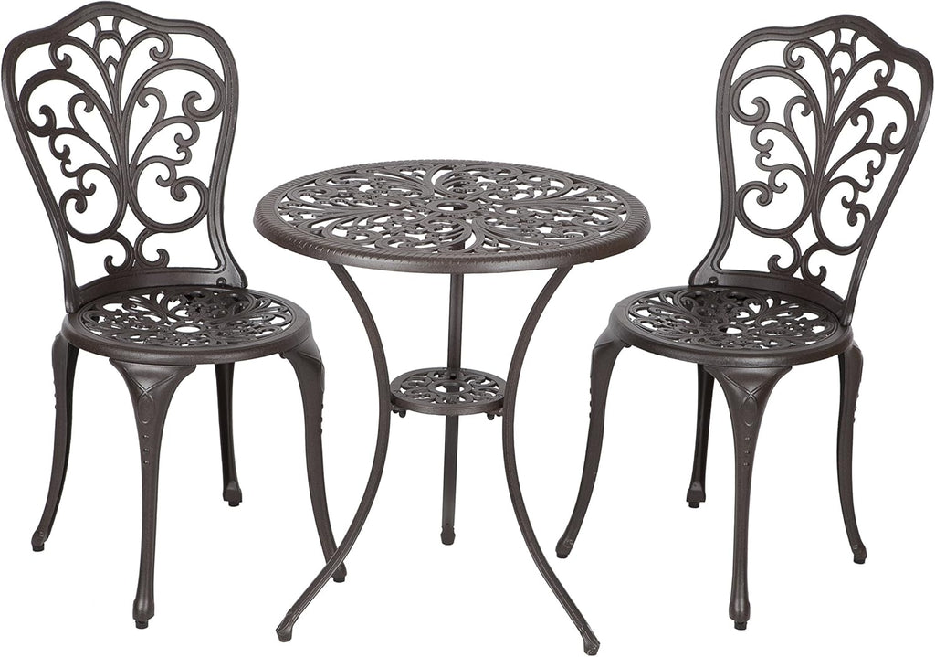 Patio Sense 61908 Faustina Cast Aluminum 3-Piece Bistro Set Two Chairs & Table Lightweight Maintenance Free Outdoor Seating - Antique Bronze Finish