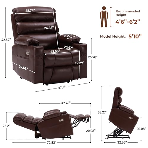 Lay Flat Power Lift Recliner Chair for Elderly, Dual Motor, Heat & Massage, Brown P4224