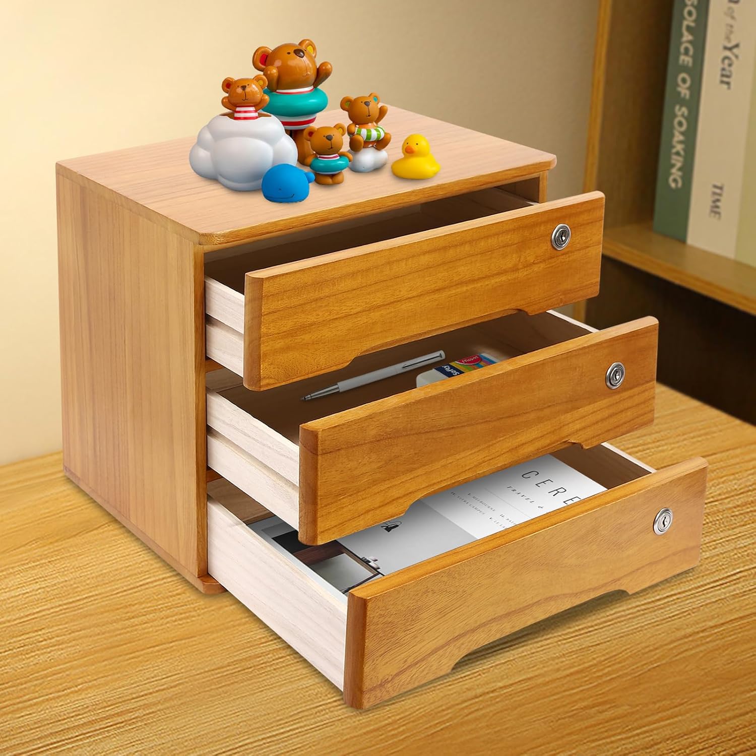 Wooden Desktop Storage Box with Lockable Drawers, File Organizer U4324