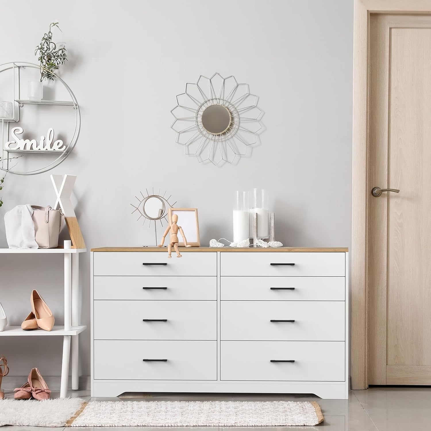 VINGLI 8 Drawer Dresser for Bedroom, White with Brown Top I1298