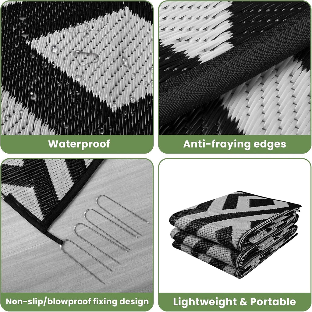 8x10 Outdoor Patio Rug with Carry Bag, Waterproof Reversible Picnic Mat - Black & Light Grey V3121