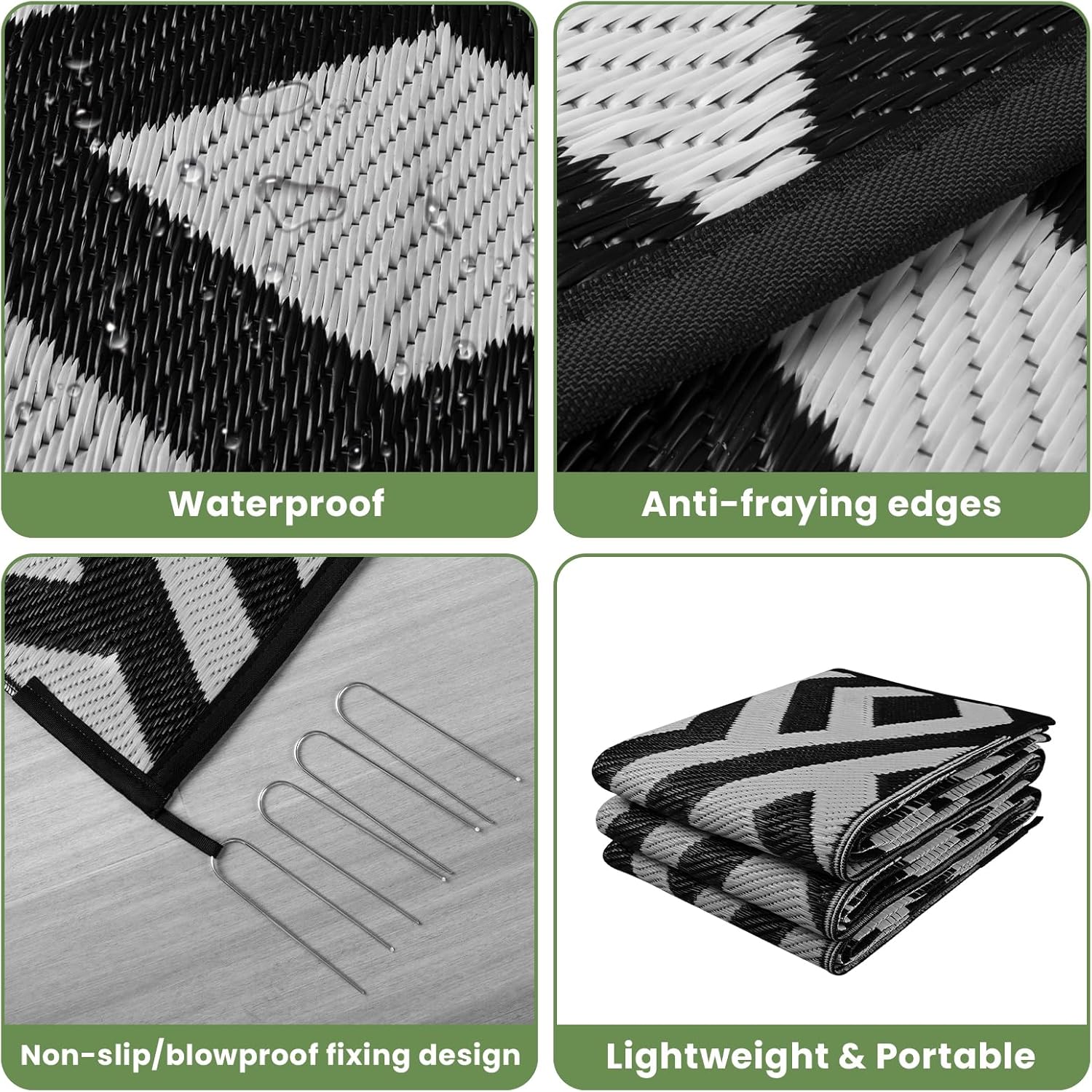 8x10 Outdoor Patio Rug with Carry Bag, Waterproof Reversible Picnic Mat - Black & Light Grey V3121