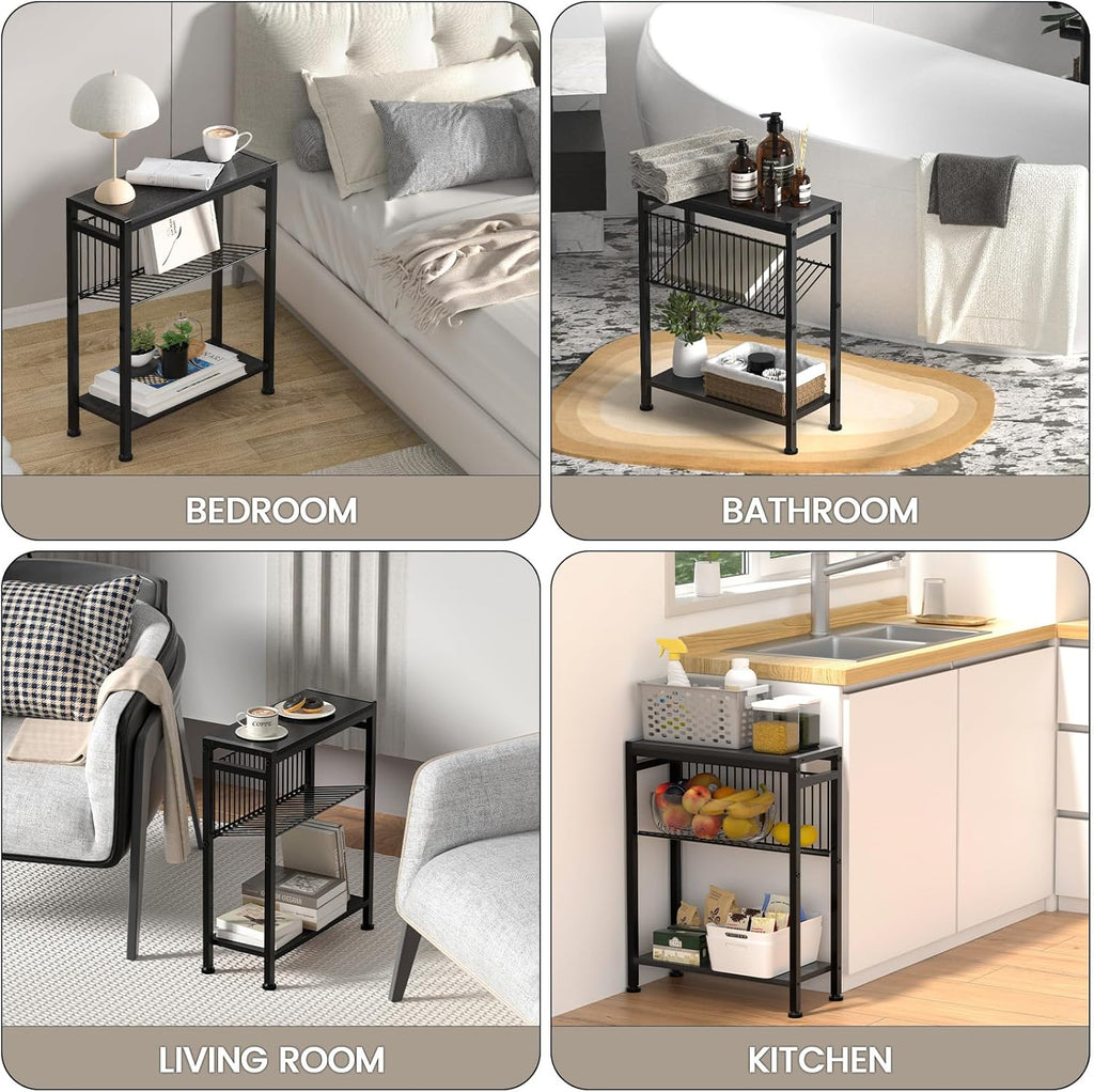 3-Tier Narrow Side Table with Magazine Holder, Set of 2 Bar Stools with Footrest W995575