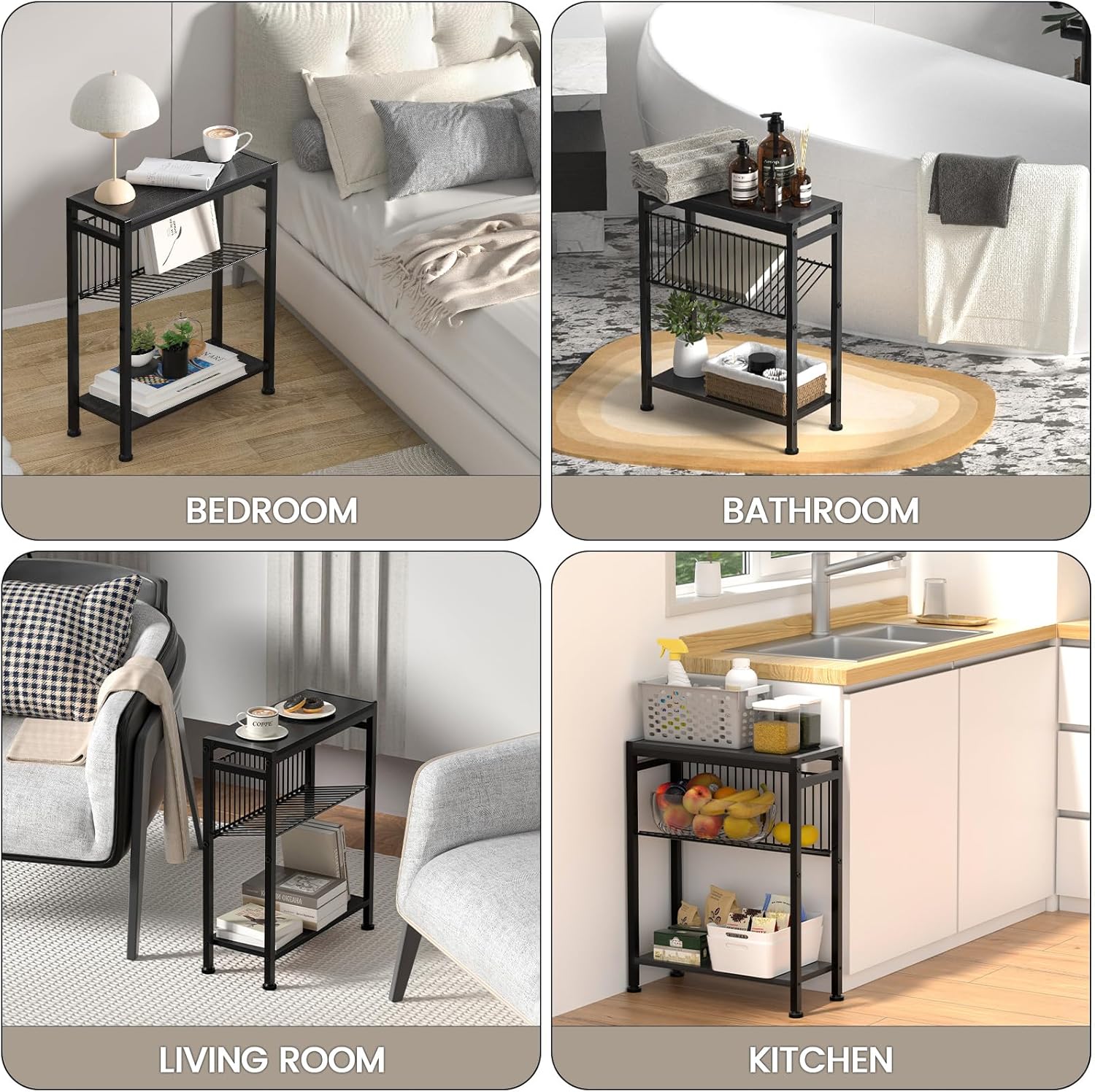 3-Tier Narrow Side Table with Magazine Holder, Set of 2 Bar Stools with Footrest W995575