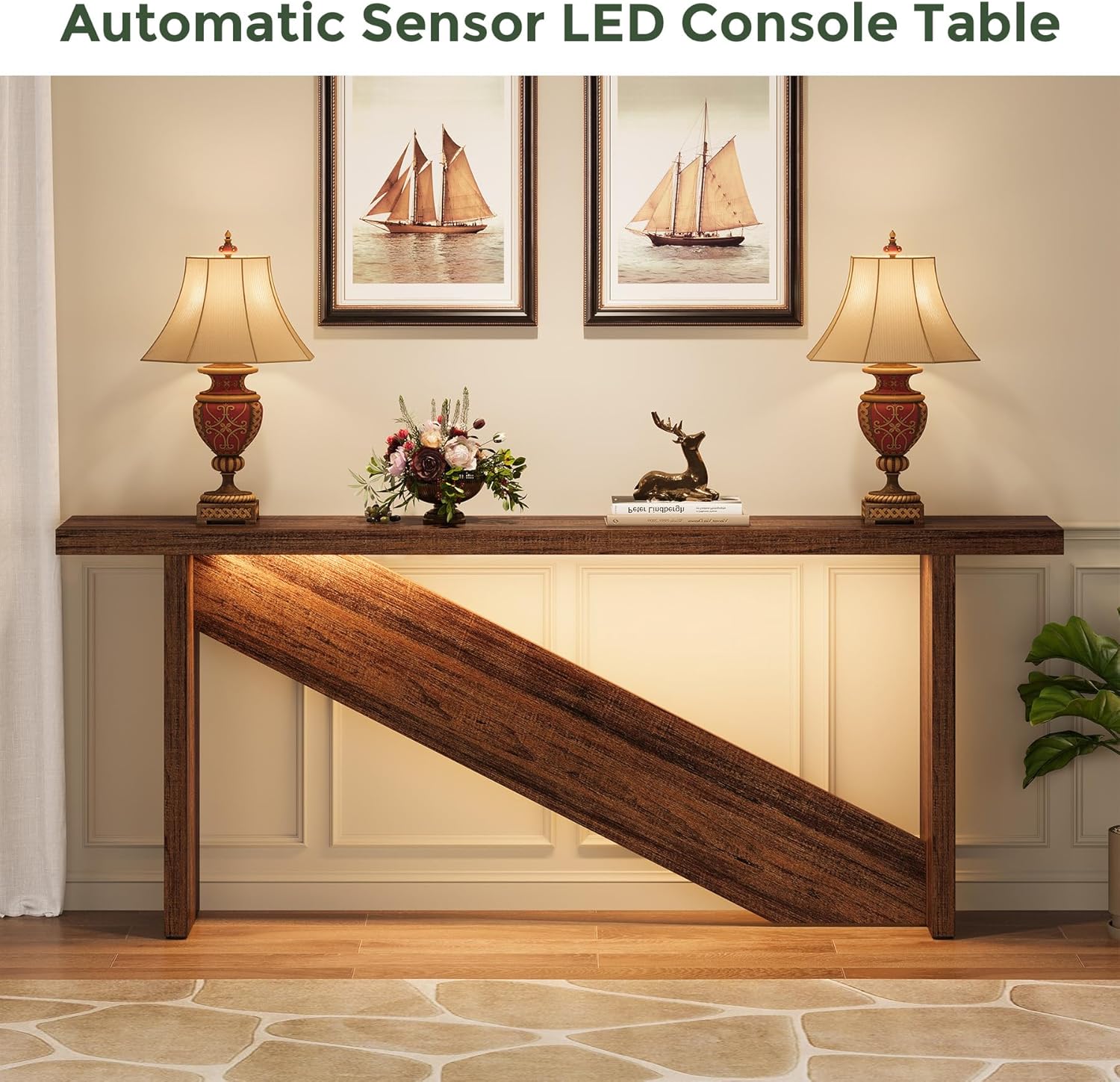 Console Table with LED Lights, 70.86" Narrow Wood Entryway Table, Rustic Brown I540