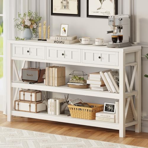 FATORRI Industrial Console Table for Entryway, Rustic Sofa Table with Shelf and 3 Drawers for Living Room, Farmhouse Foyer Table and Couch Table Behind Sofa (54.72 Inch Long, Walnut Brown)