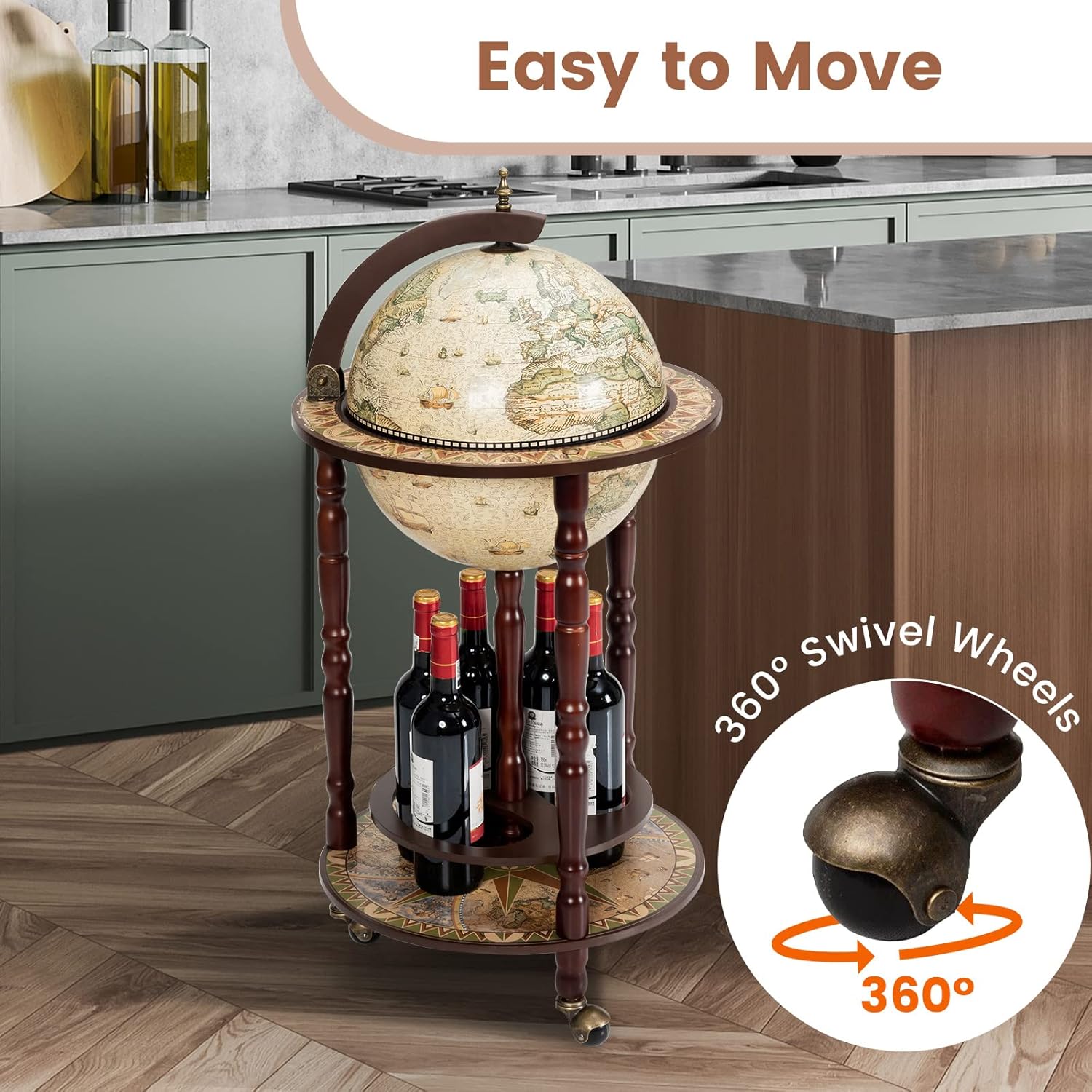 Wood Globe Wine Bar Stand with Wheels, Creamy White T9135