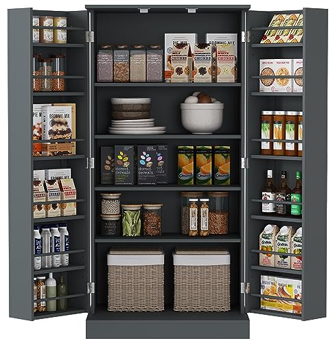 Yusong 72'' Tall Kitchen Pantry Cabinet, Farmhouse Storage Cabinet with 4 Doors, Drawer and Adjustable Shelf, Freestanding Wooden Cupboard Buffet for Dining Room Living Room, White