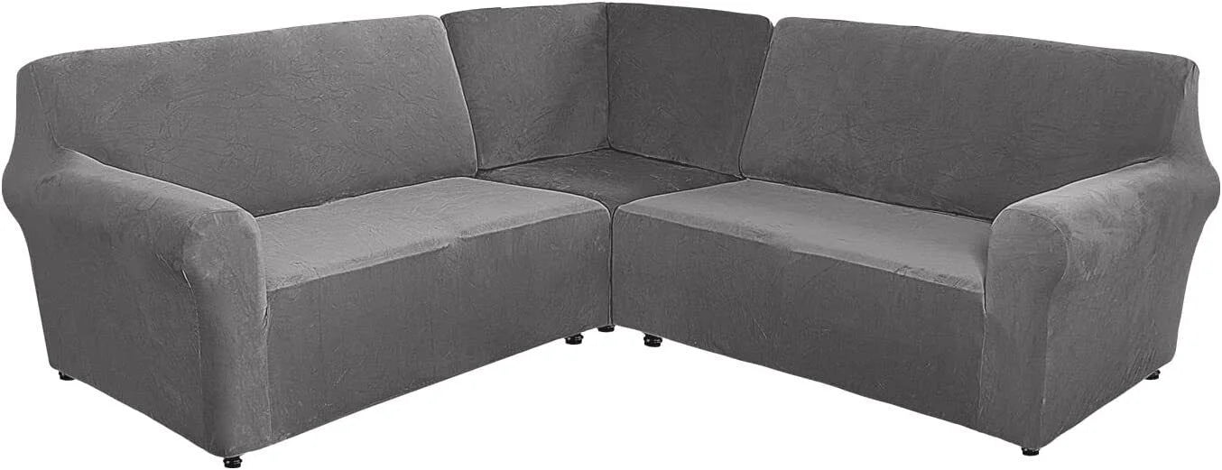 TOPCHANCES 3-Piece L Shape Sofa Slipcover, Sectional Couch Cover with a Middle Console, 7 Seat Velvet Corner Sofa Cover, Grey