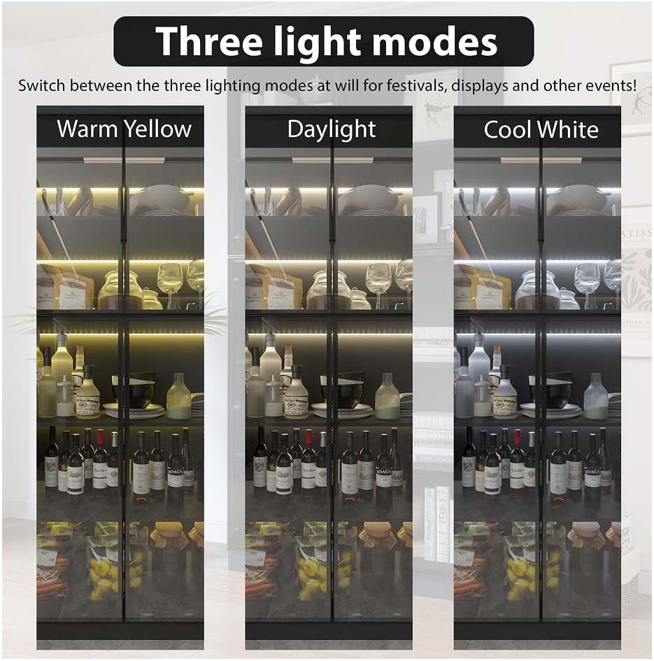 Wooden Display Cabinet with Glass Doors and LED Light, Black K527