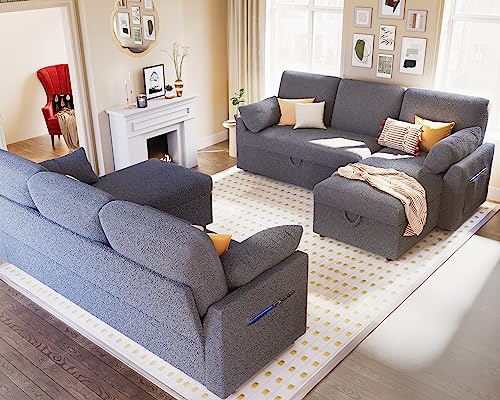 VanAcc Sleeper Sofa Bed with Storage Chaise, Beige Chenille M820415