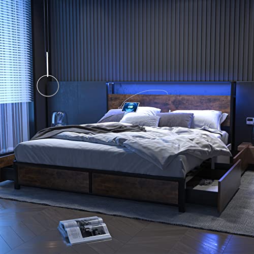 Gitua Full Size Bed Frame with Storage Drawers, LED Lights and Charging Station, Rustic Brown B13916