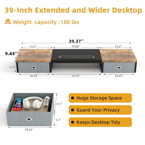 Dual Monitor Stand Riser with 2 Drawers, 39Inch Wooden Desktop Organizer, White R953128