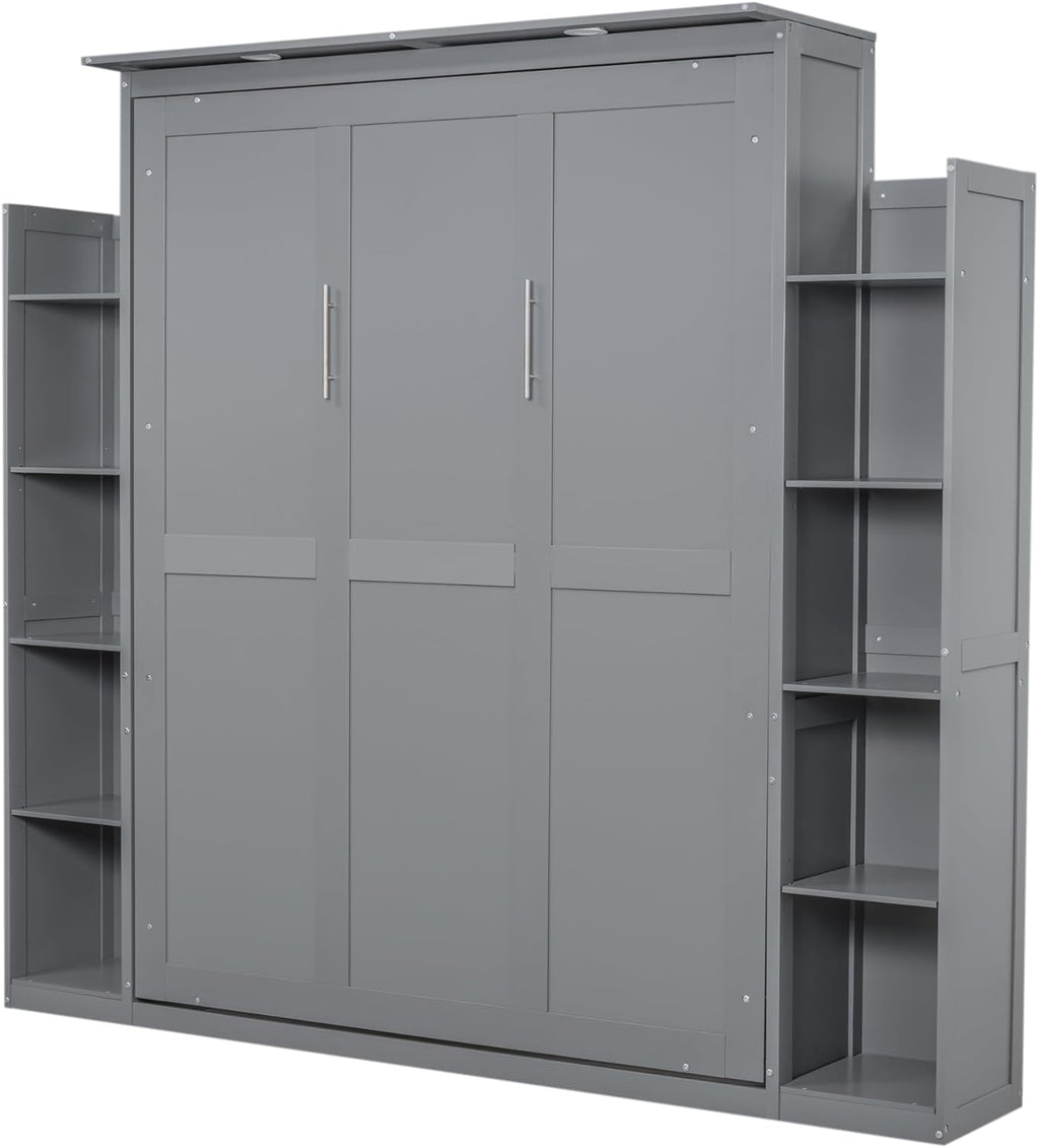 WADRI Queen Size Murphy Bed Wall Bed with Bookshelf, Solid Wood, Gray E603808
