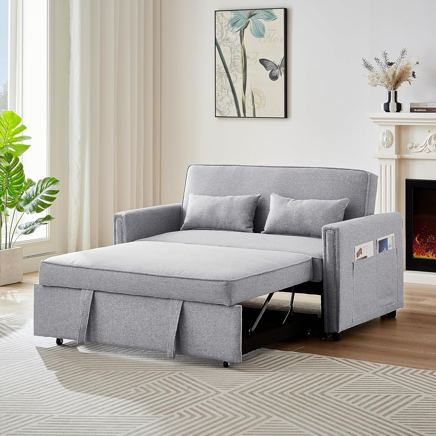 Modern 54" Pull Out Sleep Sofa Bed, 2 Seater Loveseats Sofa Couch With Adjsutable Backrest,Small Sleeper Sofa Bed With 2 Lumbar Pillows For Apartment Office Living Room