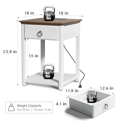 White Farmhouse End Table with Charging Station and Storage Y7066