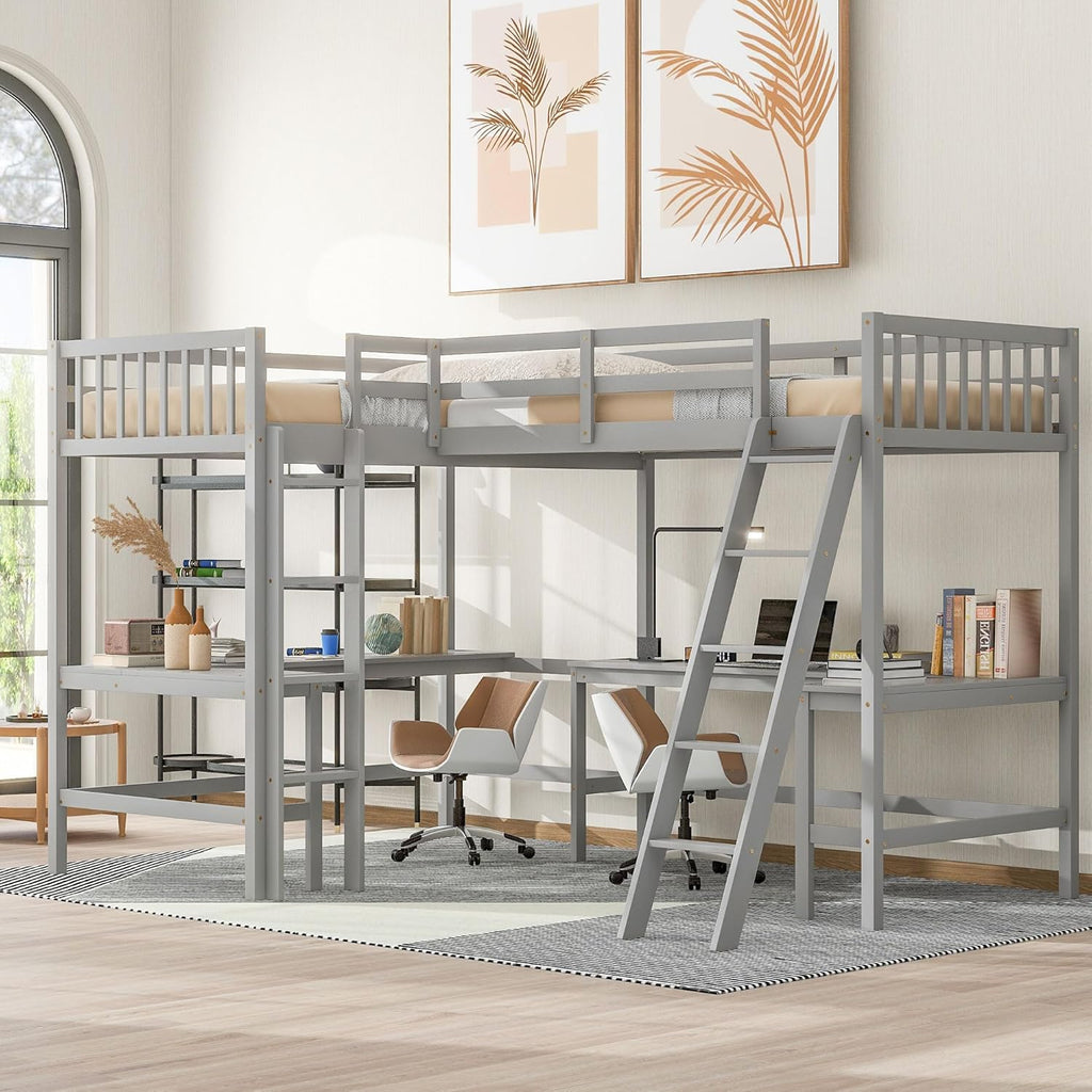 L-Shaped Double Twin Size Loft Beds for 2, Wooden Double High Loft Bed Frame with 2 Built-in Desks and Ladder for Kids, Teens, Adults, Gray