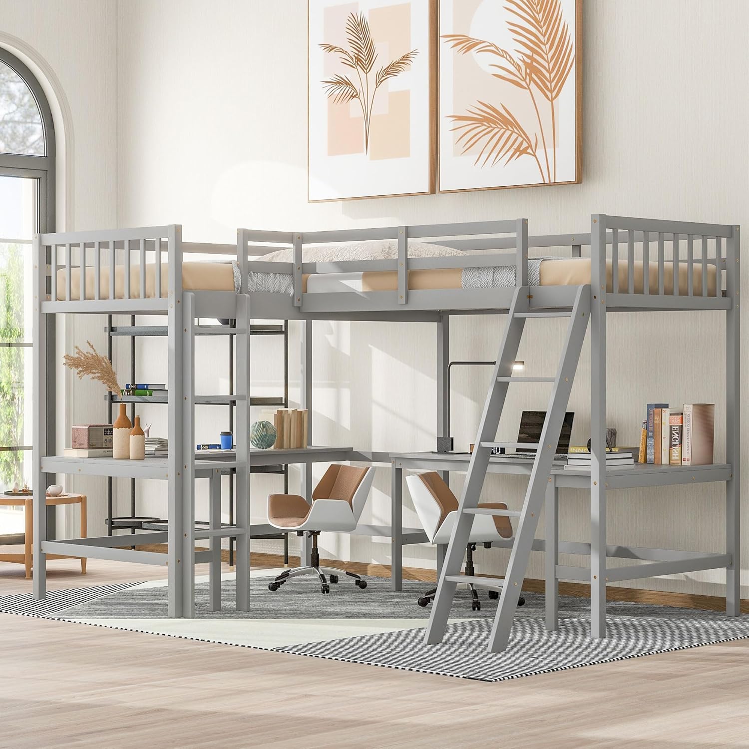 L-Shaped Double Twin Size Loft Beds for 2, Wooden Double High Loft Bed Frame with 2 Built-in Desks and Ladder for Kids, Teens, Adults, Gray