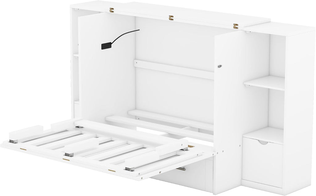Queen Size Murphy Bed with Shelves, Drawers and USB Ports, White C31721