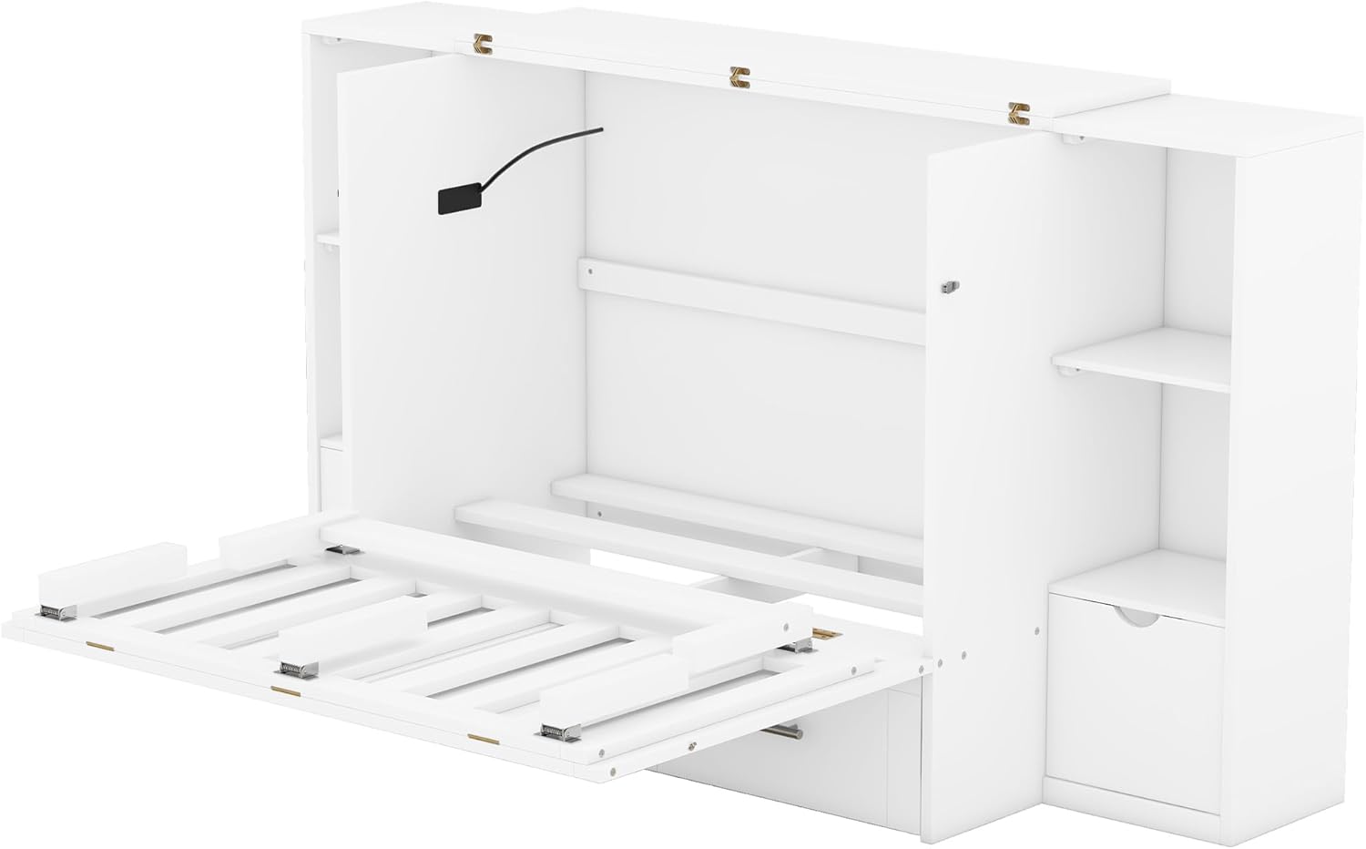 Queen Size Murphy Bed with Shelves, Drawers and USB Ports, White C31721