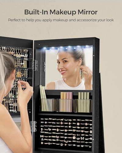 SONGMICS Lockable Mirror Jewelry Cabinet, 360° Swivel Standing Organizer, White P569