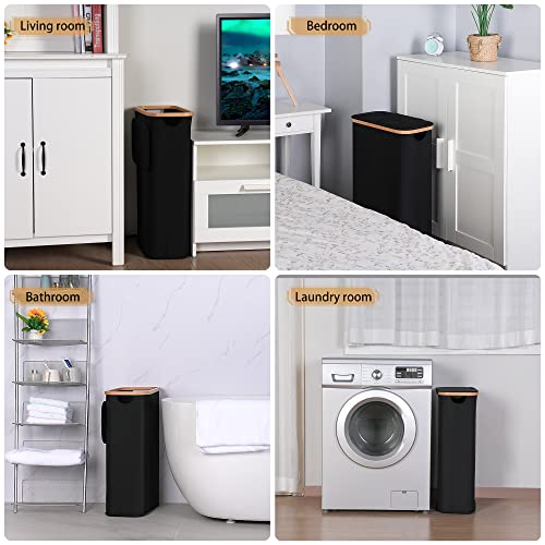 Slim Laundry Hamper with Lid, 75L Collapsible Clothes Basket with Bamboo Handles, Black R4048
