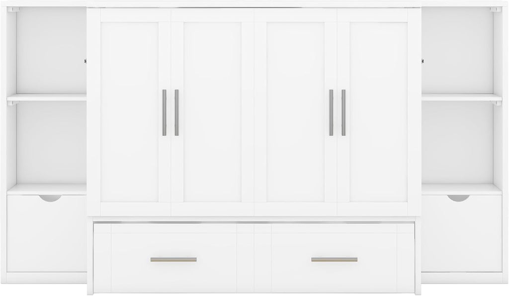 Queen Size Murphy Bed with Shelves, Drawers and USB Ports, White C31721