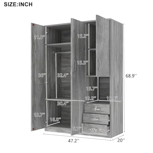 Merax Armoire Wardrobe Closet with Shelves and Hanging Rod, Grey G72151