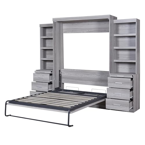 Solid Wood Full Size Murphy Bed with Shelves, Grey-FL4 K329579